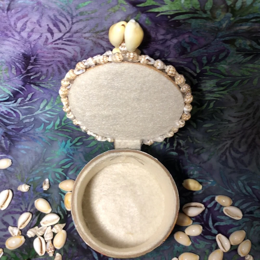MANGO TREE STUDIOS Round Lidded Seashell Felt Lined Trinket Box Unique New